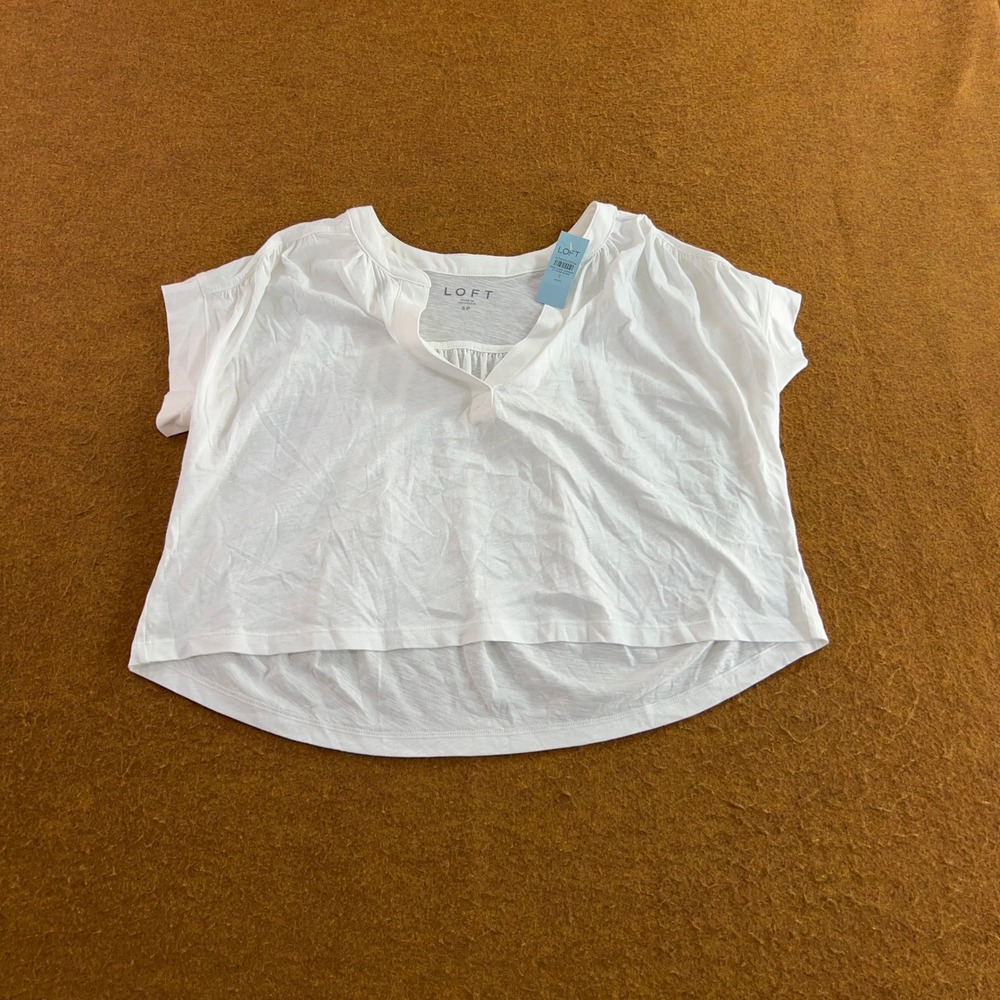 LOFT Womens Small Petite White Cotton Split Neck Short Sleeve Boxy Top NWT